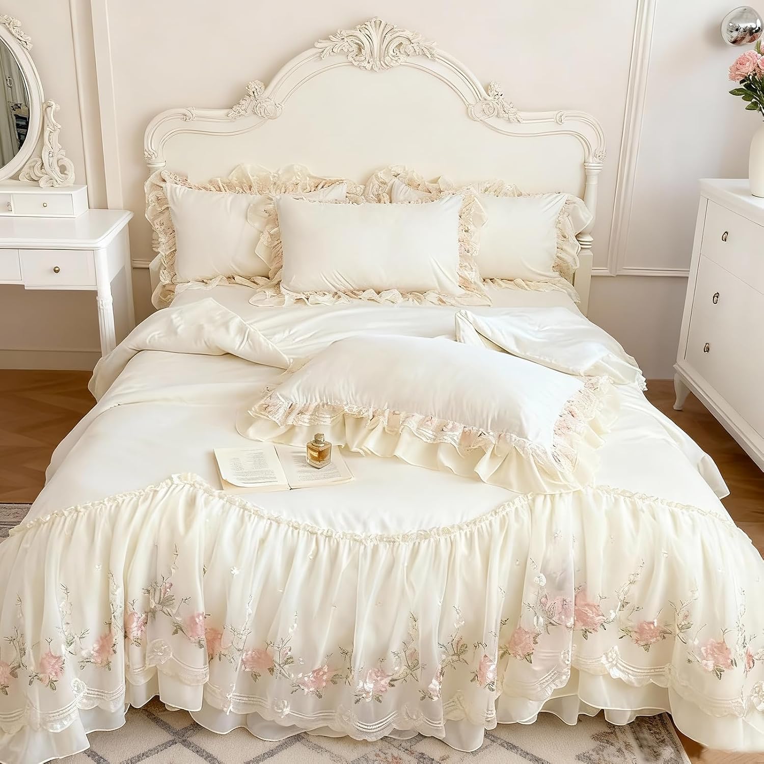 French Style Washed Cotton Floral Print 4 Piece Set With Lace Trim; Romantic, Comfortable, And Breathable