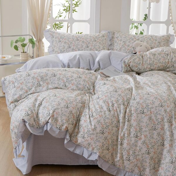 Blue Striped Print 4 Piece Set With Lace Ruffles; Cool And Comfortable