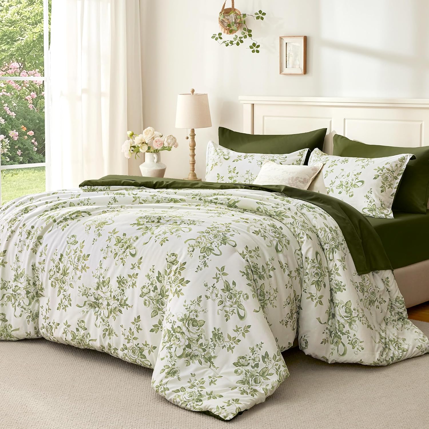 Green Rose Print 4 Piece Set; Lightweight, Soft, And Comfortable Image 2