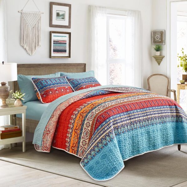 Colorful Striped Quilted Bedspread Set   Lightweight for Summer