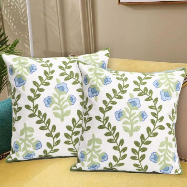 Blue Floral Embroidered Pillowcase 18x18 Decorative Cushion 2 Pack