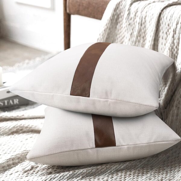Patchwork Linen Faux Leather Pillowcase 16x16 inch, Modern Decorative Cushion Cover (2 Piece Set)
