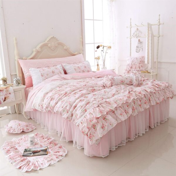Romantic Rose Print 4 Piece Set With Lace Ruffles; Vintage Cottagecore Style