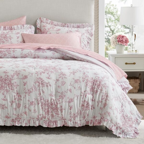 Pink Floral Print 4 Piece Set With Ruffles; Soft, Reversible Design