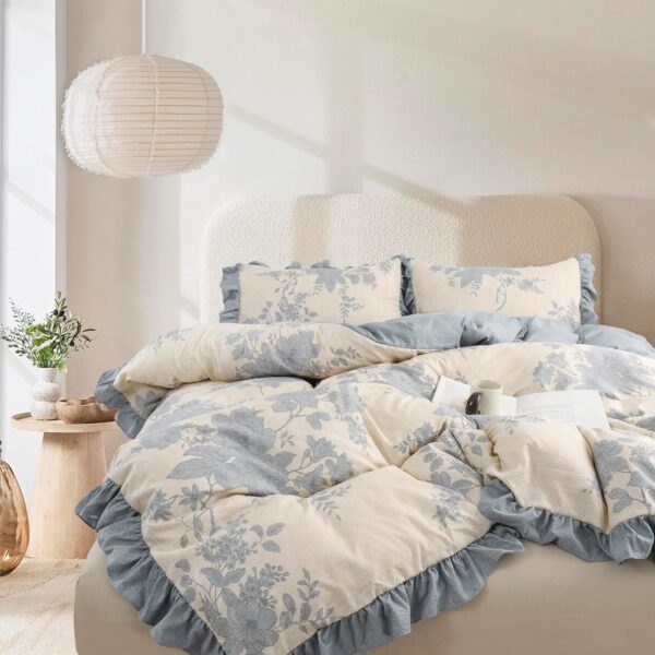 Blue Vintage Botanical Print 4 Piece Set With Ruffles; Soft And Comfortable