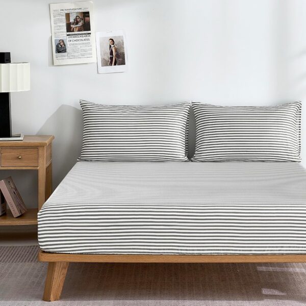 Grey Striped Full Cotton Deep Pocket Fitted Sheet