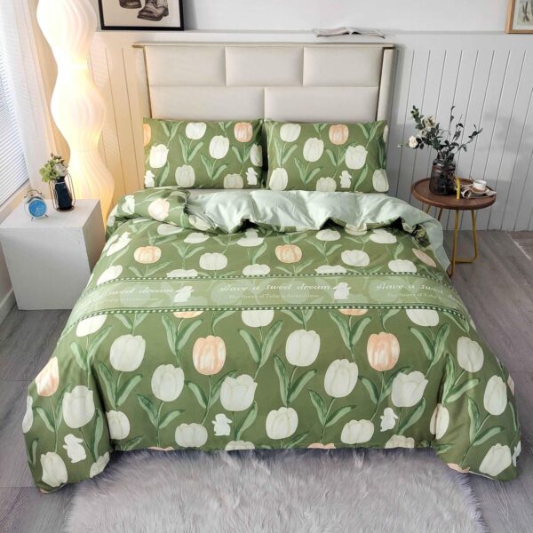 Green Floral Duvet Cover Set (3 Piece)   Soft Bedding